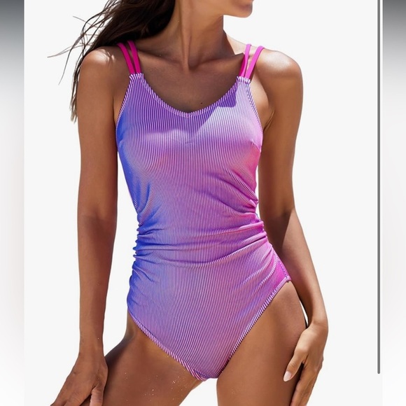 Cupshe One Piece Swimsuit Scoop Neck Ruched Double Straps O Ring Striped XL - Picture 1 of 9